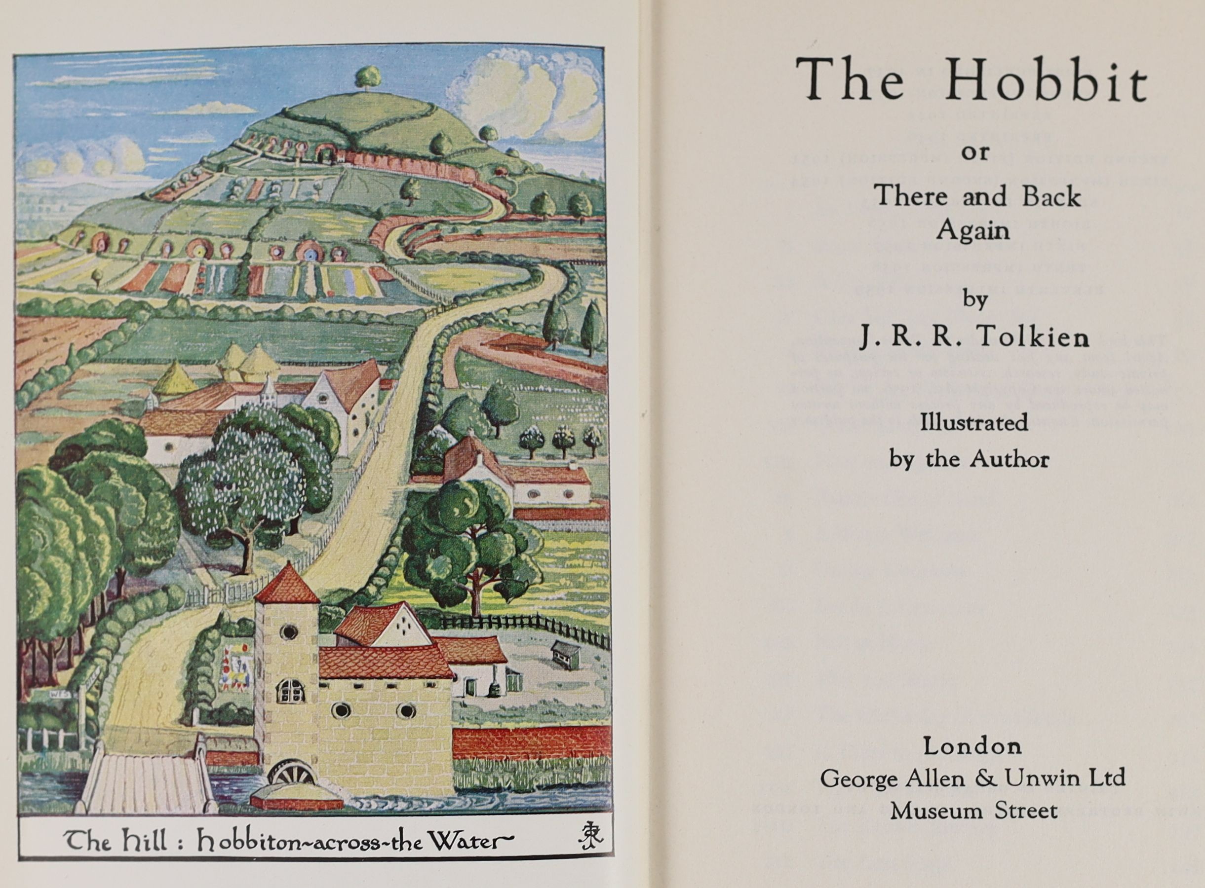 Tolkien, John Ronald Reuel - The Hobbit, 2nd edition, 11th impression, with colour frontispiece, map endpapers, original green cloth in unclipped d/j, with small loss to spine head and foot and a few edge tears, ownershi